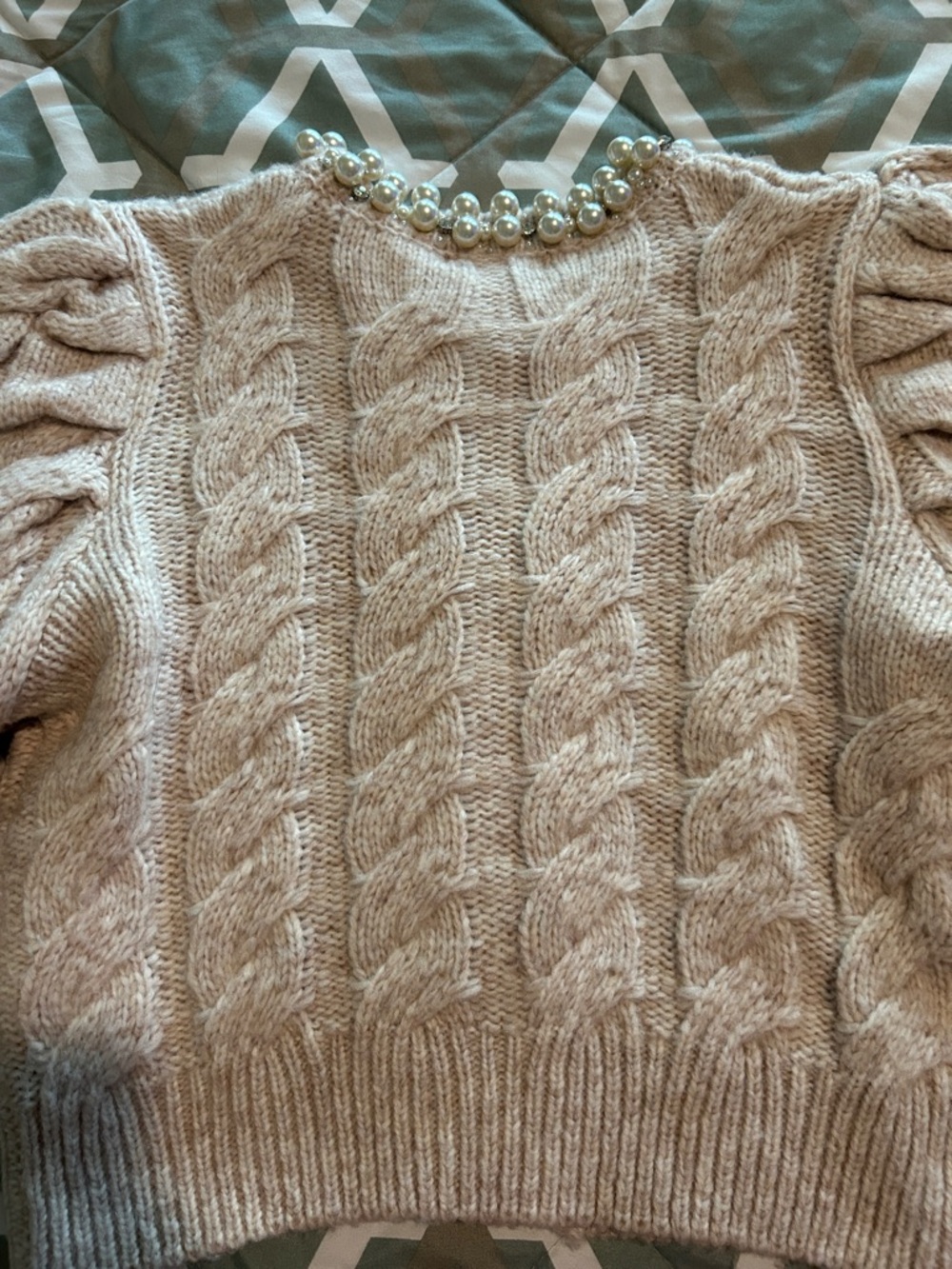 Moon River Beige Cable Knit Puff Sleeve Cardigan with Pearl Neckline - Picture 3 of 4